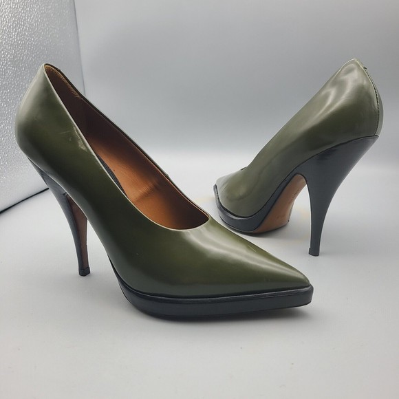 CELINE women heels pumps army green leather pointed toe SIZE US 5.5 EUR 36.5 - Picture 3 of 12